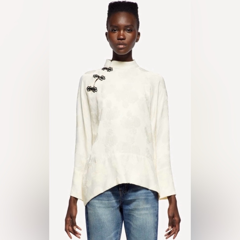 Zara White Floral Blouse with Black Accents